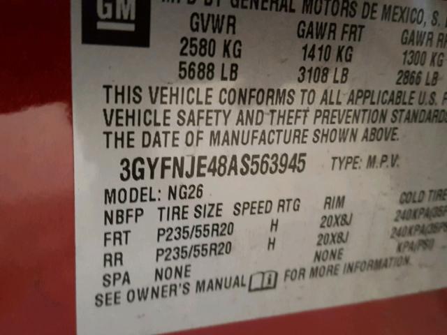 3GYFNJE48AS563945 - 2010 CADILLAC SRX PERFOR 红色 照片 10