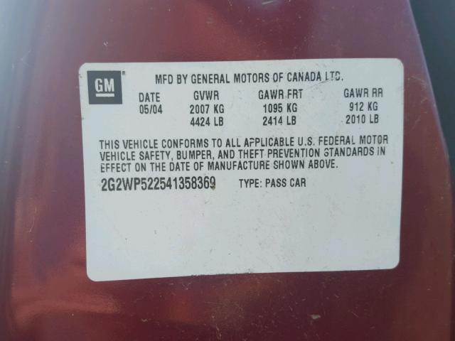 2G2WP522541358369 - 2004 PONTIAC GRAND PRIX MAROON photo 10