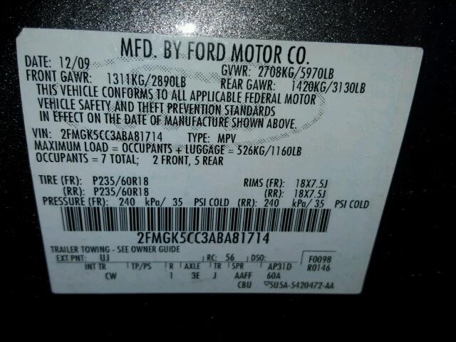 2FMGK5CC3ABA81714 - 2010 FORD FLEX SEL ნაცრისფერი ფოტო 10