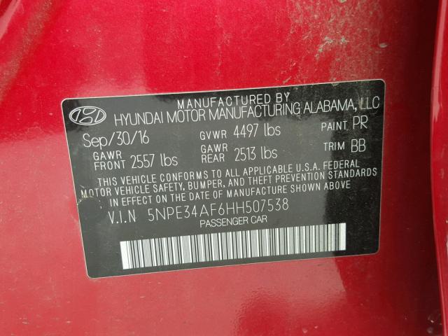 5NPE34AF6HH507538 - 2017 HYUNDAI SONATA SPO RED photo 10