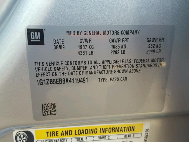 1G1ZB5EB8A4119491 - 2010 CHEVROLET MALIBU LS ვერცხლისფერი ფოტო 10