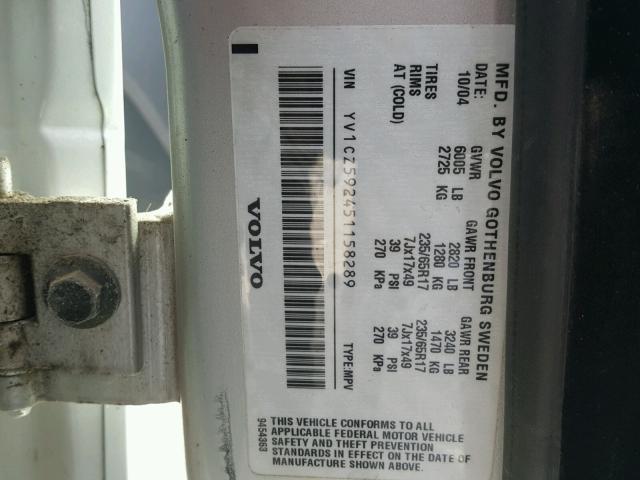 YV1CZ592451158289 - 2005 VOLVO XC90 SILVER photo 10