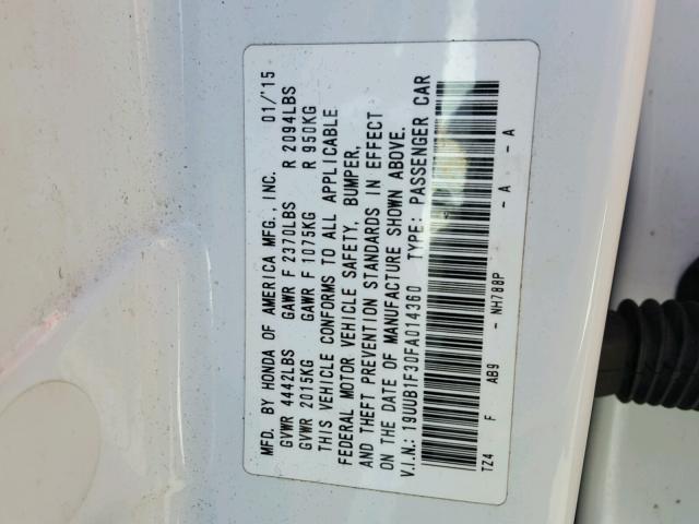 19UUB1F30FA014360 - 2015 ACURA TLX WHITE photo 10