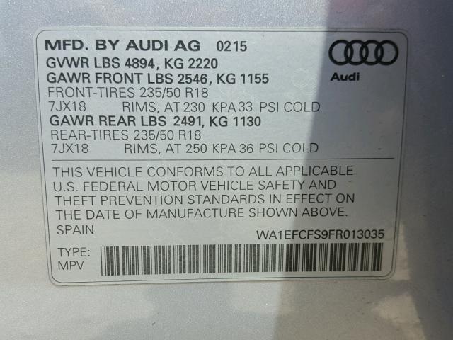 WA1EFCFS9FR013035 - 2015 AUDI Q3 PREMIUM SILVER photo 10