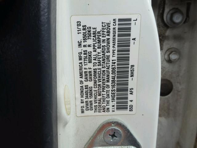 1HGES16384L006741 - 2004 HONDA CIVIC DX V WHITE photo 10