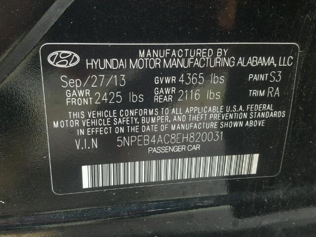 5NPEB4AC8EH820031 - 2014 HYUNDAI SONATA GLS BLACK photo 10