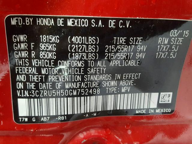 3CZRU5H50GM752498 - 2016 HONDA HR-V EX RED photo 10