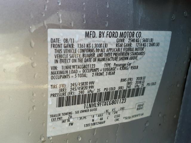 1LNHL9FTXCG801123 - 2012 LINCOLN MKS SILVER photo 10