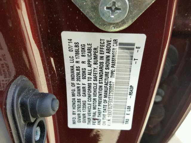 19XFB2F9XEE260037 - 2014 HONDA CIVIC EXL BURGUNDY photo 10