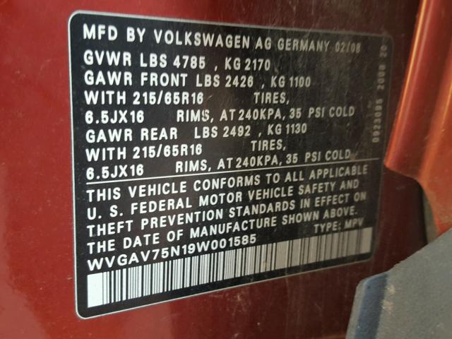 WVGAV75N19W001585 - 2009 VOLKSWAGEN TIGUAN S MAROON photo 10