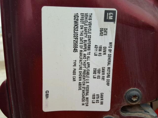 1G2WK52J02F256845 - 2002 PONTIAC GRAND PRIX RED photo 10