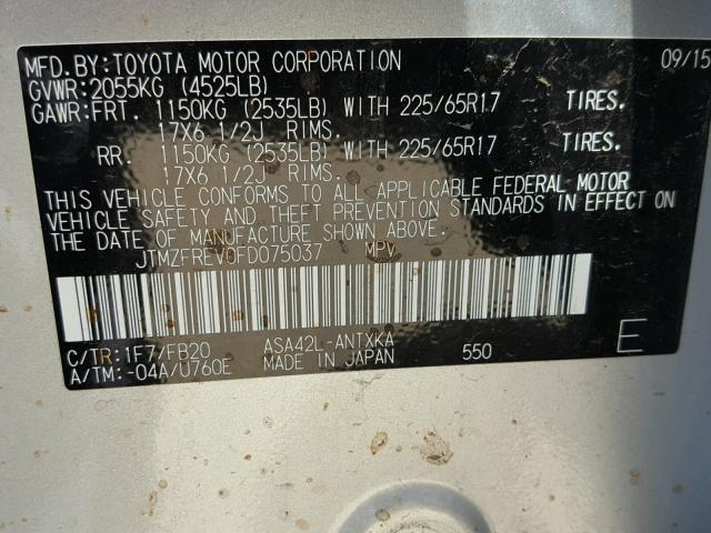 JTMZFREV0FD075037 - 2015 TOYOTA RAV4 LE SILVER photo 10