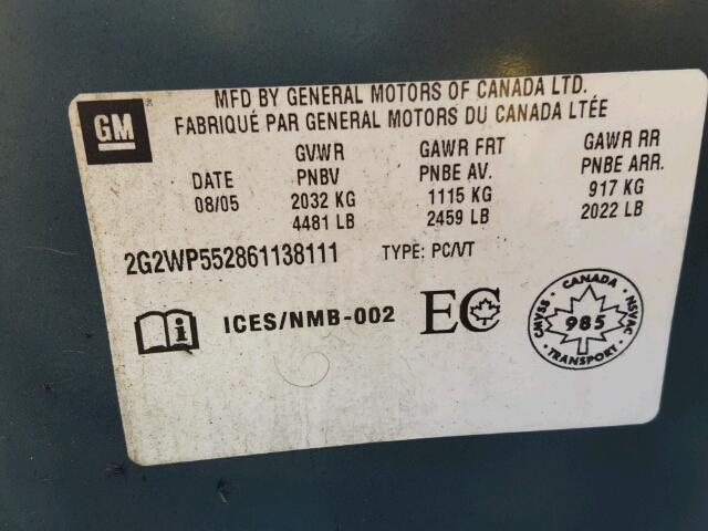 2G2WP552861138111 - 2006 PONTIAC GRAND PRIX Сірий фото 10