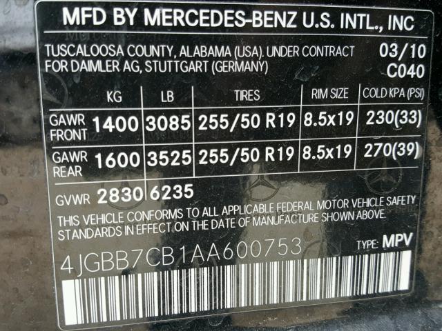 4JGBB7CB1AA600753 - 2010 MERCEDES-BENZ ML 550 4MA BLACK photo 10