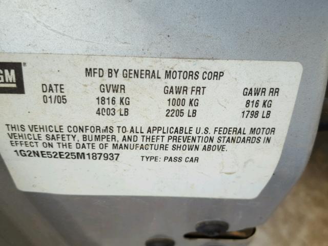 1G2NE52E25M187937 - 2005 PONTIAC GRAND AM S 银色 照片 10