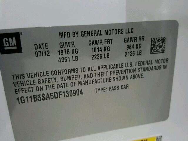 1G11B5SA5DF130904 - 2013 CHEVROLET MALIBU LS თეთრი ფოტო 10