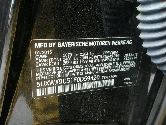 5UXWX9C51F0D59420 - 2015 BMW X3 XDRIVE2 BLACK photo 10