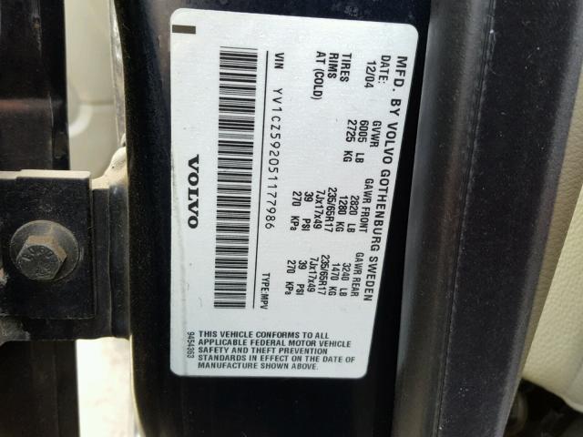 YV1CZ592051177986 - 2005 VOLVO XC90 BLACK photo 10