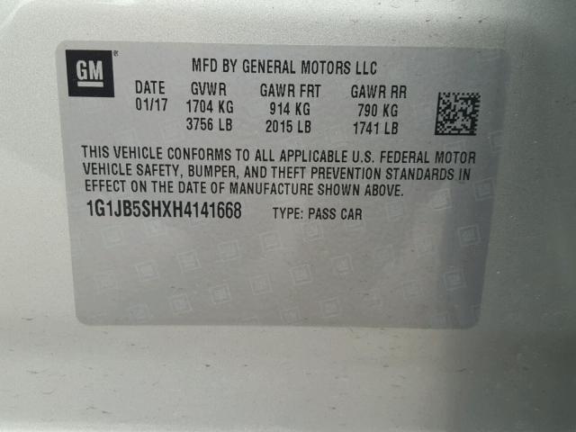 1G1JB5SHXH4141668 - 2017 CHEVROLET SONIC LS 银色 照片 10