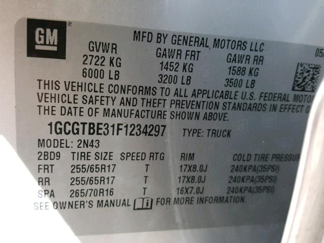 1GCGTBE31F1234297 - 2015 CHEVROLET COLORADO L SILVER photo 10