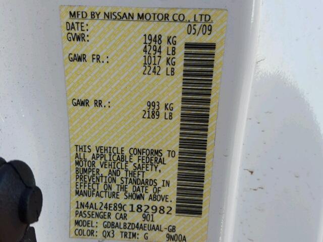 1N4AL24E89C182982 - 2009 NISSAN ALTIMA WHITE photo 10