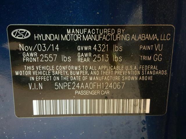 5NPE24AA0FH124067 - 2015 HYUNDAI SONATA ECO BLUE photo 10