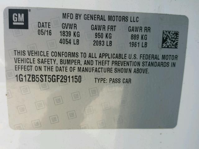 1G1ZB5ST5GF291150 - 2016 CHEVROLET MALIBU LS თეთრი ფოტო 10