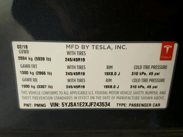 5YJSA1E2XJF243534 - 2018 TESLA MODEL S Սև լուսանկար 10