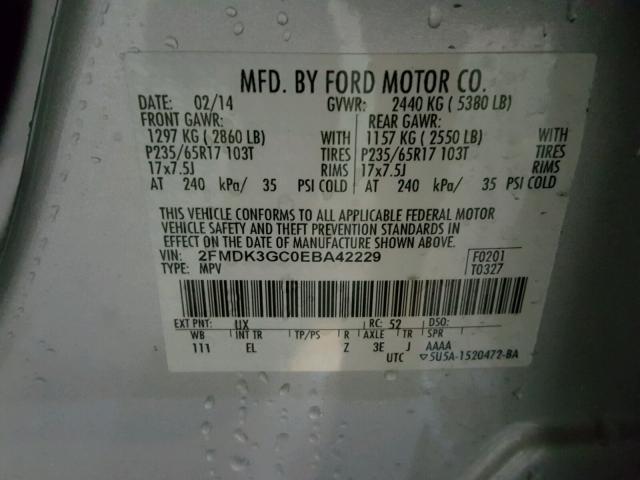 2FMDK3GC0EBA42229 - 2014 FORD EDGE SE SILVER photo 10