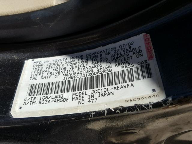 JTHBD192120062838 - 2002 LEXUS IS 300 GRAY photo 10