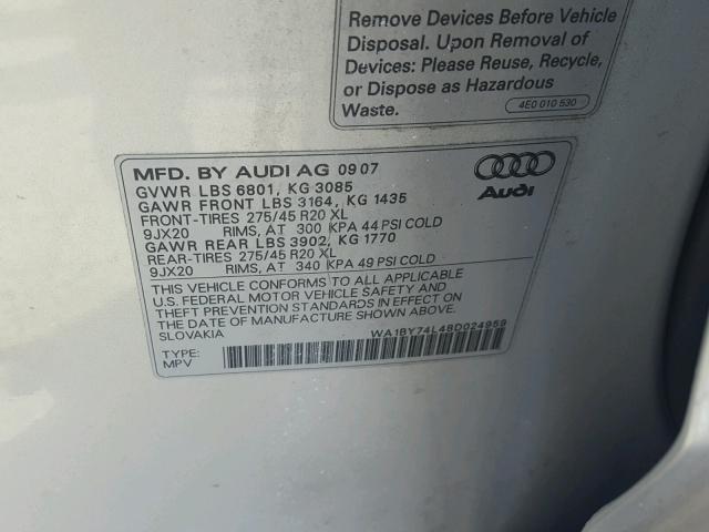 WA1BY74L48D024959 - 2008 AUDI Q7 3.6 QUA SILVER photo 10