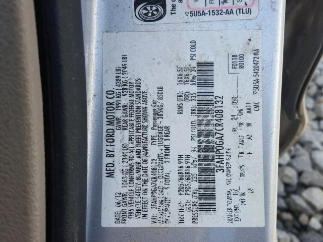 3FAHP0GA7CR408132 - 2012 FORD FUSION S SILVER photo 10