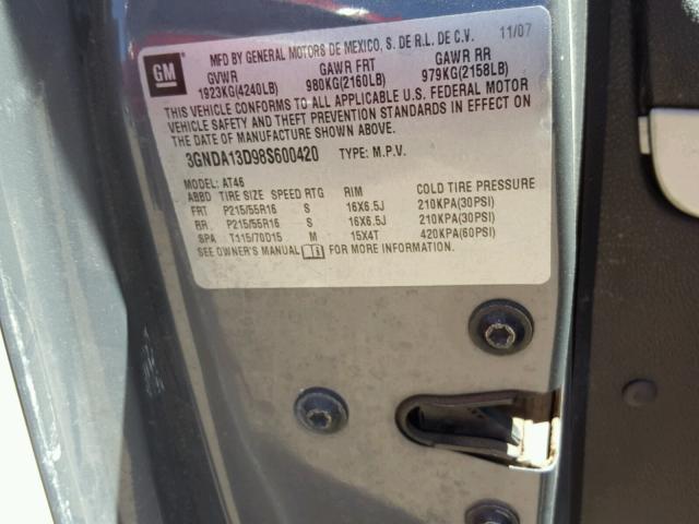 3GNDA13D98S600420 - 2008 CHEVROLET HHR LS GRAY photo 10