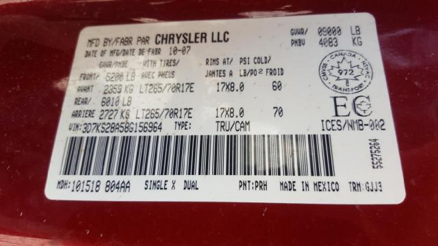 3D7KS28A58G156964 - 2008 DODGE RAM 2500 S RED photo 9