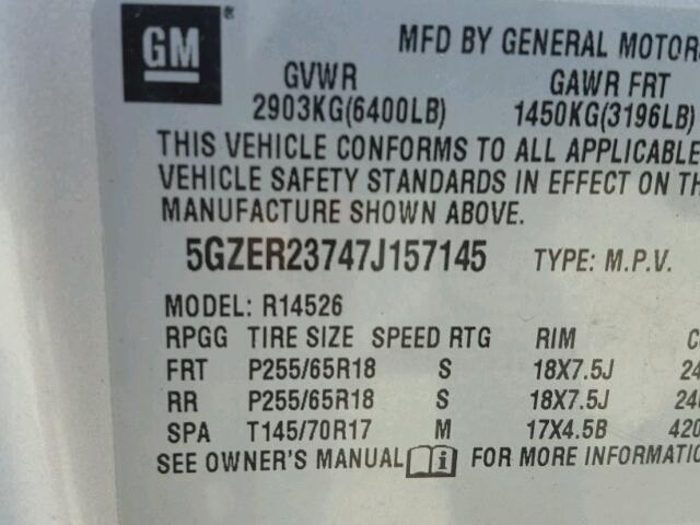 5GZER23747J157145 - 2007 SATURN OUTLOOK XR ვერცხლისფერი ფოტო 10