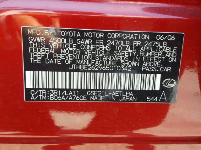 JTHBE262965010342 - 2006 LEXUS IS 350 RED photo 10