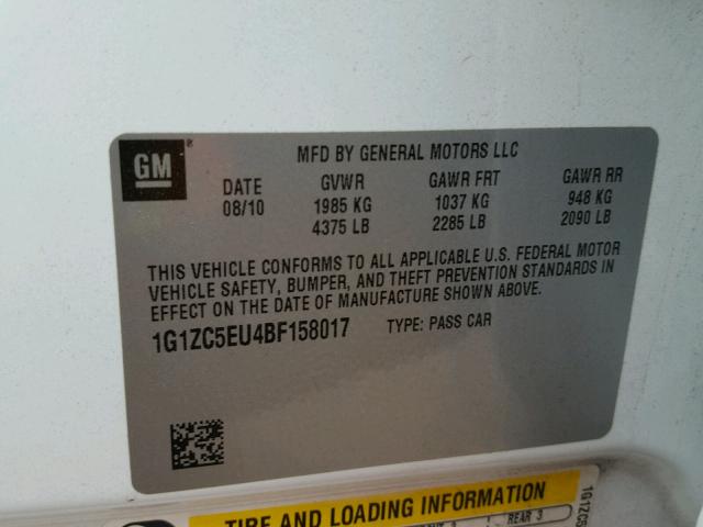 1G1ZC5EU4BF158017 - 2011 CHEVROLET MALIBU 1LT WHITE photo 10