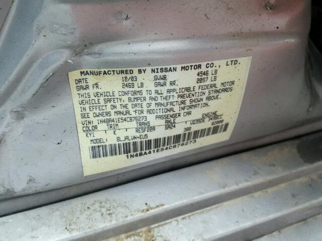 1N4BA41E54C876273 - 2004 NISSAN MAXIMA SILVER photo 10