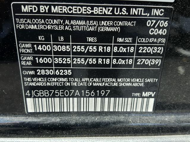 4JGBB75E07A156197 - 2007 MERCEDES-BENZ ML 500 BLACK photo 10