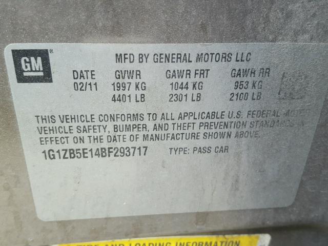 1G1ZB5E14BF293717 - 2011 CHEVROLET MALIBU LS ყავისფერი ფოტო 10