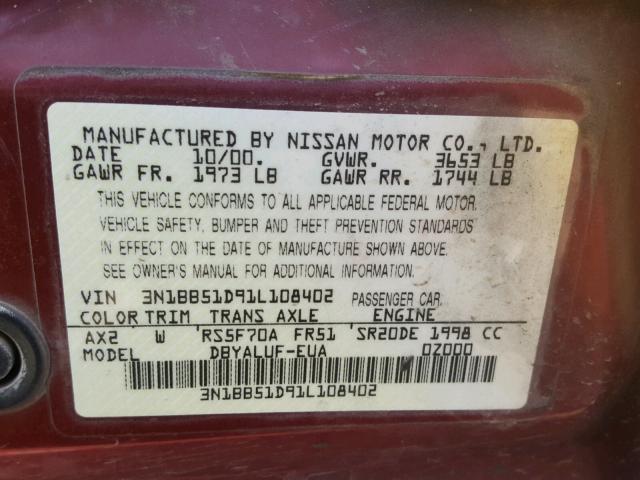 3N1BB51D91L108402 - 2001 NISSAN SENTRA SE RED photo 10