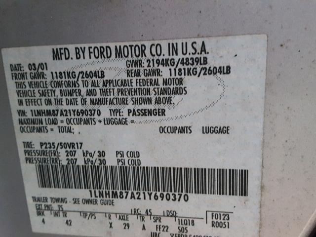 1LNHM87A21Y690370 - 2001 LINCOLN LS Gümüş foto 10