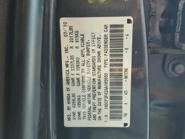 1HGCP2F42AA185650 - 2010 HONDA ACCORD LXP GRAY photo 10