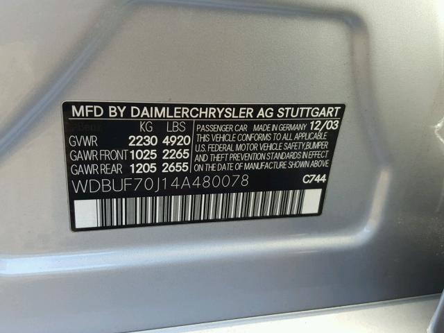 WDBUF70J14A480078 - 2004 MERCEDES-BENZ E 500 SILVER photo 10