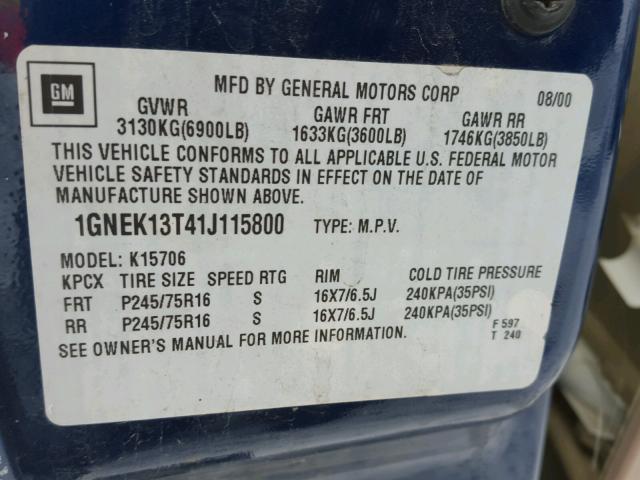 1GNEK13T41J115800 - 2001 CHEVROLET TAHOE K150 BLUE photo 10