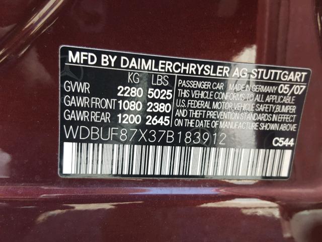 WDBUF87X37B183912 - 2007 MERCEDES-BENZ E 350 4MAT BURGUNDY photo 10