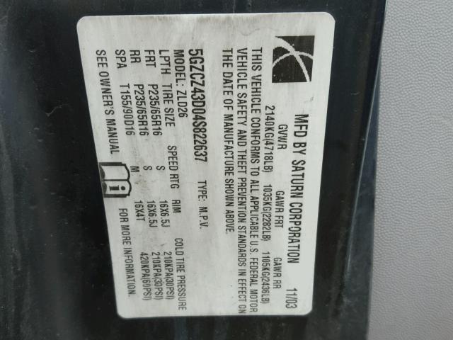 5GZCZ43D04S822637 - 2004 SATURN VUE BLUE photo 10