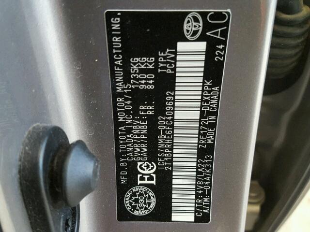 2T1BPRHE6FC409692 - 2015 TOYOTA COROLLA EC GRAY photo 10