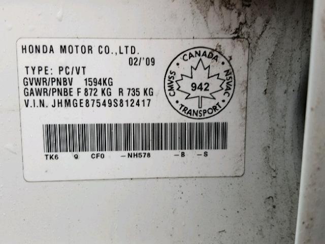 JHMGE87549S812417 - 2009 HONDA FIT LX WHITE photo 10