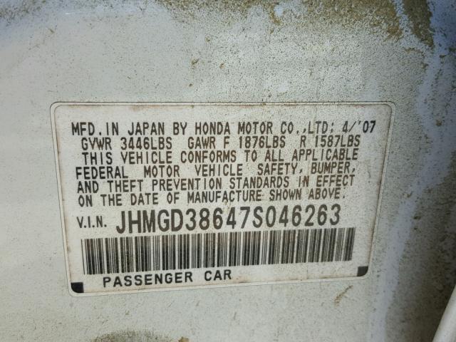 JHMGD38647S046263 - 2007 HONDA FIT S WHITE photo 10